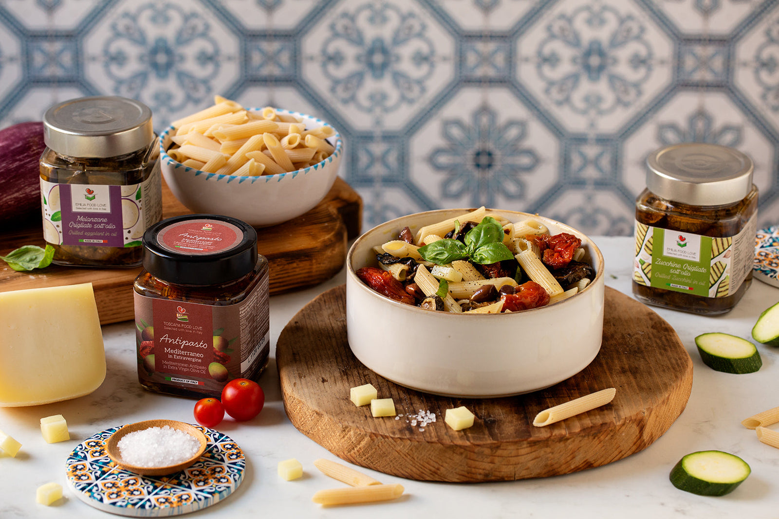 COLD PASTA SALAD with vegetables in oil and pecorino cheese