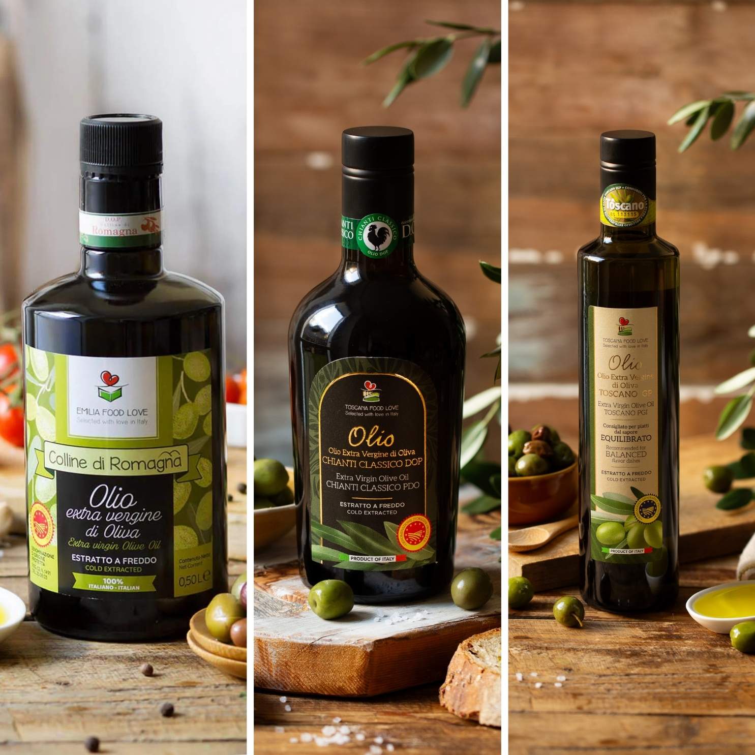 Toscano and Emilia DOP and PGI Extra Virgin Olive Oil Trio | PGI Balanced, Chianti DOP & Colline DOP